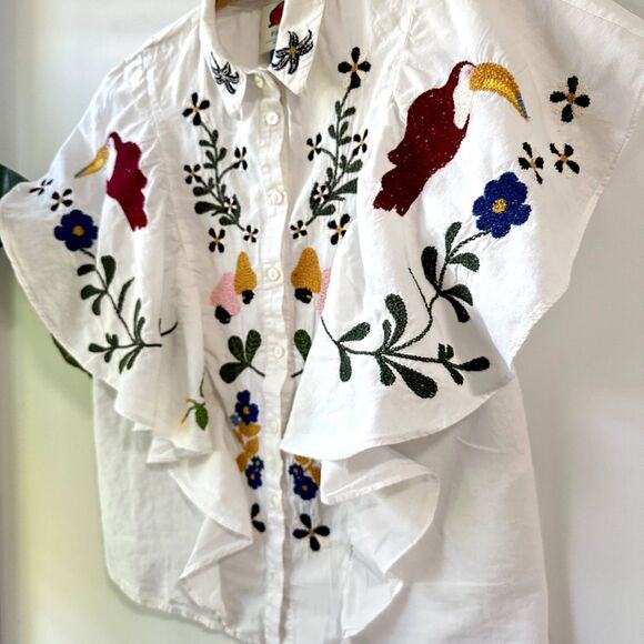 Anthropologie x Farm Rio Embroidered Toucans Birds Tropics Blouse - Size XS - Picture 6 of 10